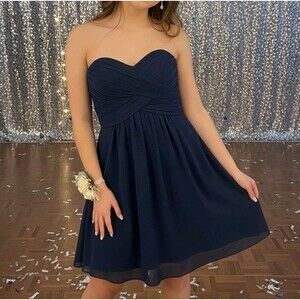 David's Bridal Dress Sz 2 Navy Blue Strapless Chiffon Brides Formal Cocktail